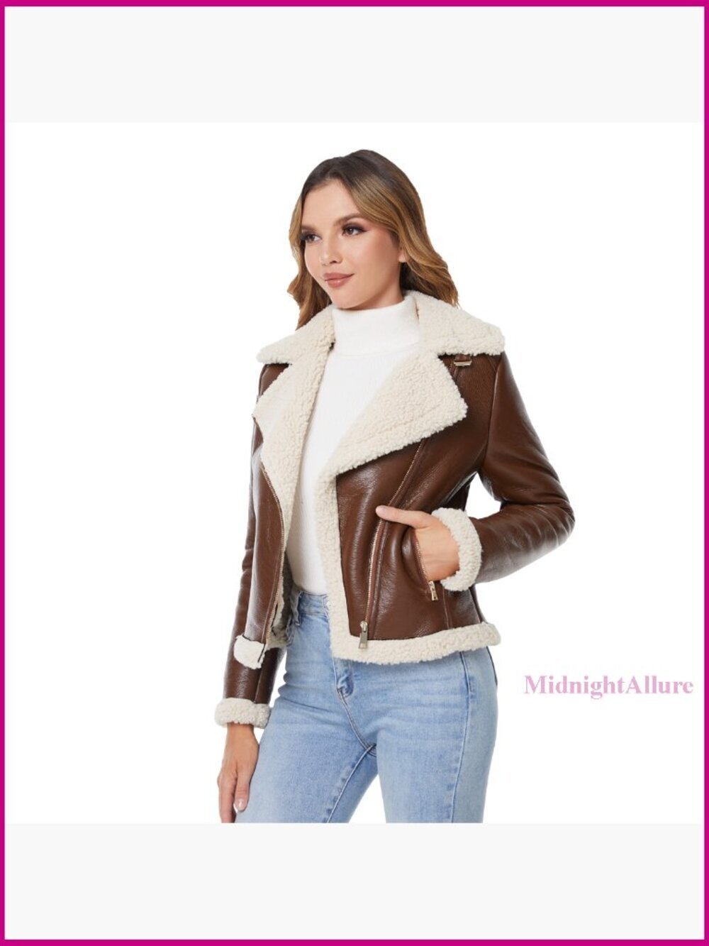 Faux Leather Fur Lined Winter Coat Aviator Style Regular Fit - Picture 5 of 7